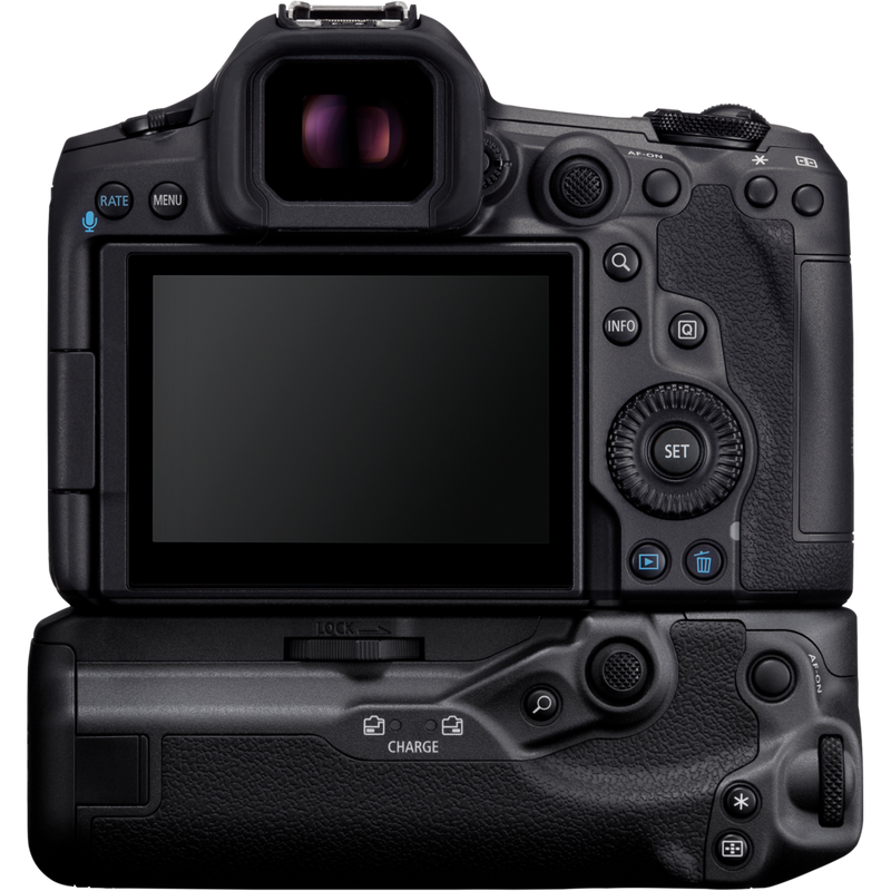 Punho de bateria Canon BG-R23 Produto Vista posterior com o produto instalado numa câmara