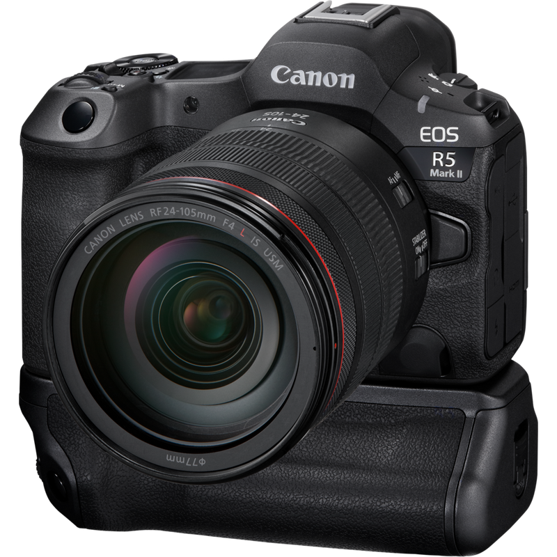 Punho de bateria Canon BG-R24 Produto Vista direita com o produto instalado numa câmara