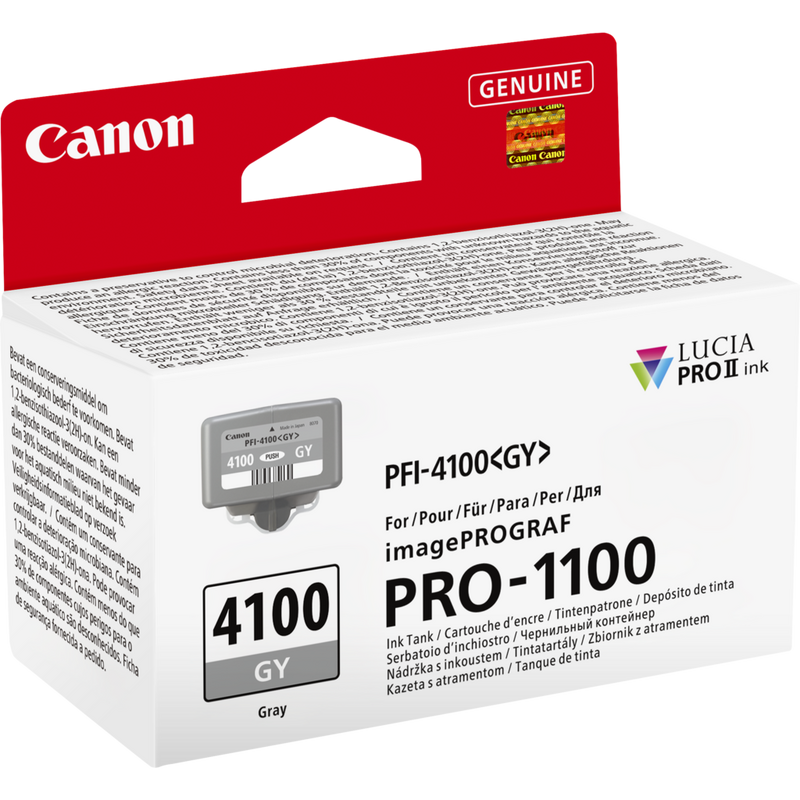 Canon PFI-4100GY Produit Vue diagonale avant de l'emballage
