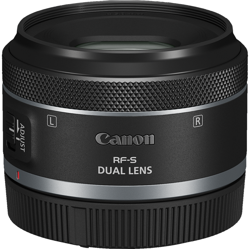 Canon RF-S 7.8mm F4 STM DUAL Lens Product Slant view with Cap