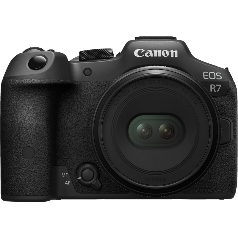 Canon RF-S 7.8mm F4 STM DUAL Lens Product With Camera Front View