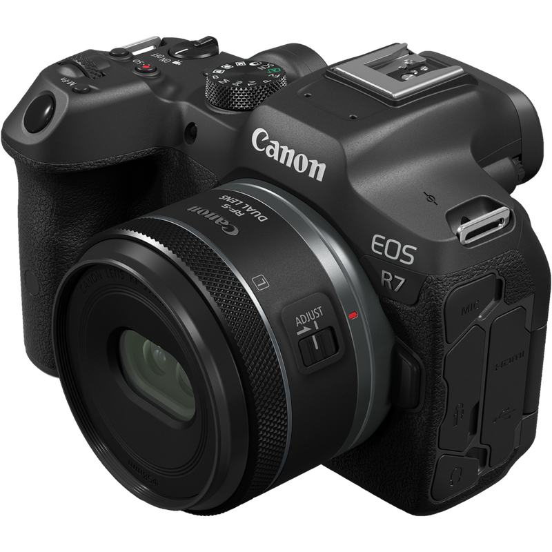 Canon RF-S 7.8mm F4 STM DUAL Lens Product With Camera Front Slant View