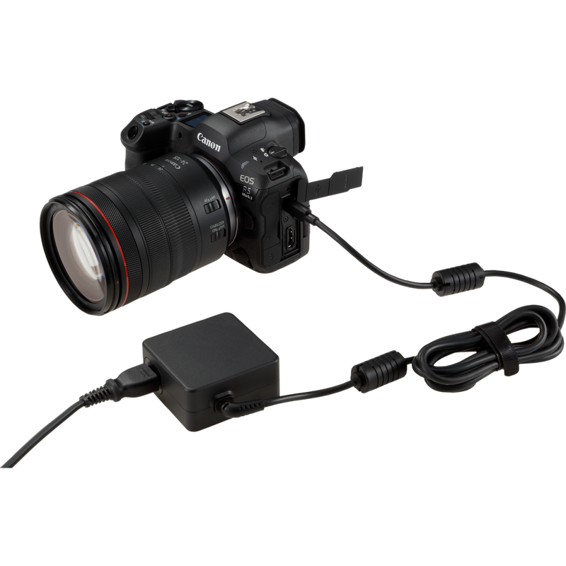 Canon PD-E2 USB Power Adapter Product Product fitted to a camera