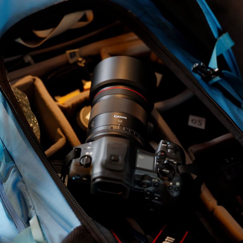 Canon RF 50mm F1.4L VCM Lens Product kept in a backpack