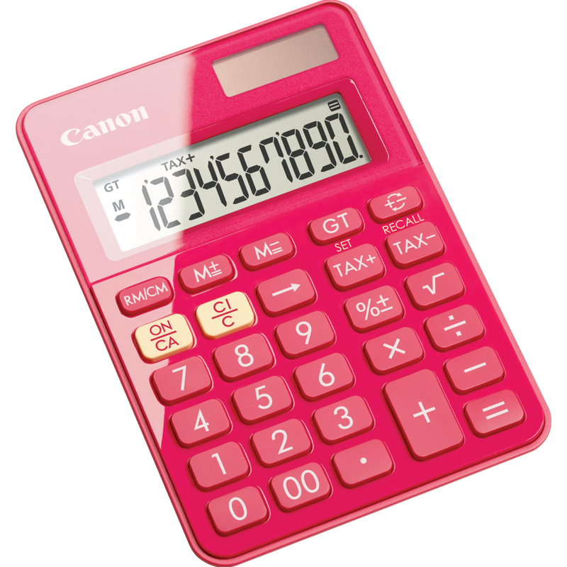 Canon LS-100KB Rechner – Schrägansicht des pinkfarbenen Produkts von links