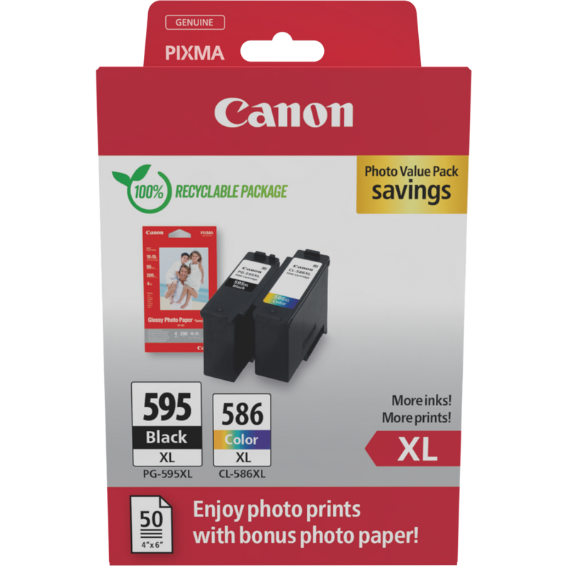 Canon PG-595XL + CL-586XL High Yield Ink Cartridges + Photo Paper Value Pack
