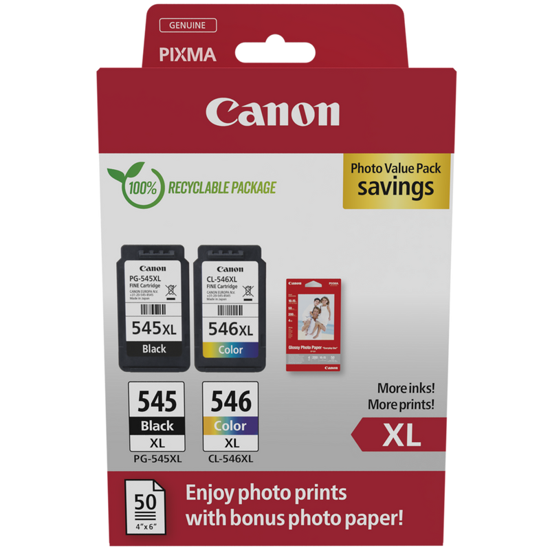 Canon PG-545XL/CL-546XL High Yield Ink Cartridge + Photo Paper Value Pack