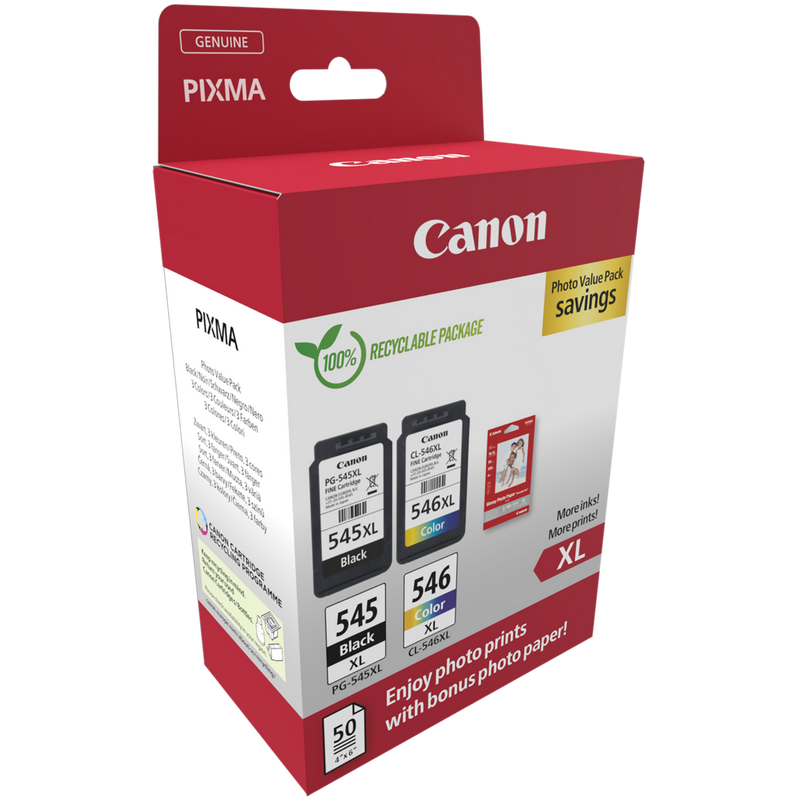 Canon PG-545XL/CL-546XL High Yield Ink Cartridge + Photo Paper Value Pack Product Package angled view