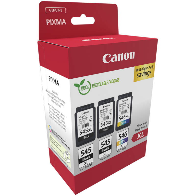 Canon PG-545XL x2 /CL-546XL High Yield BK/C/M/Y Ink Cartridge Multi Pack Product Front angled view