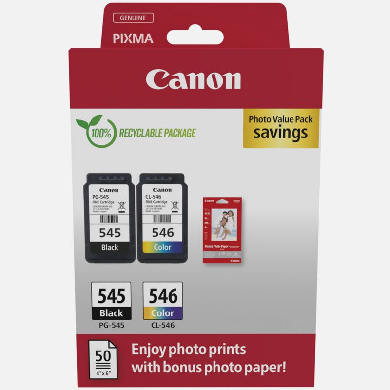 Canon PG-545/CL-546 Inkjet Cartridge + Glossy Photo Paper Value Pack  Black/Colour 8287B008