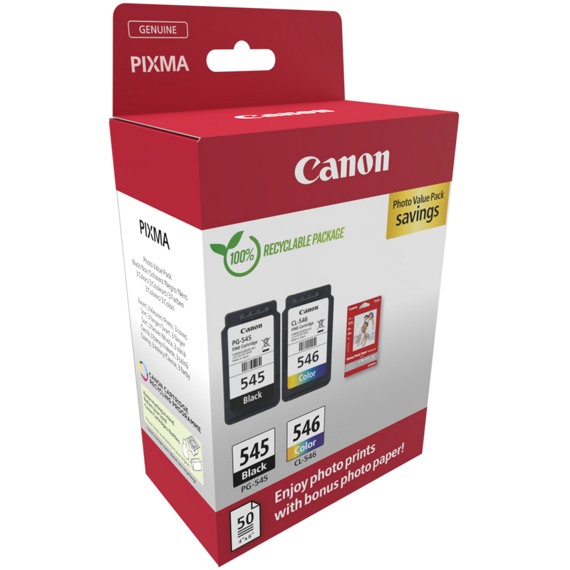 Canon PG-545/CL-546 Ink Cartridge + Photo Paper Value Pack Product Photo value angled view