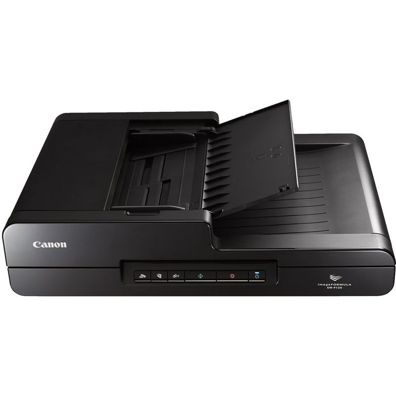 Canon imageFORMULA DR-F120 Flatbed Document Scanner Product Front View with documents tray open