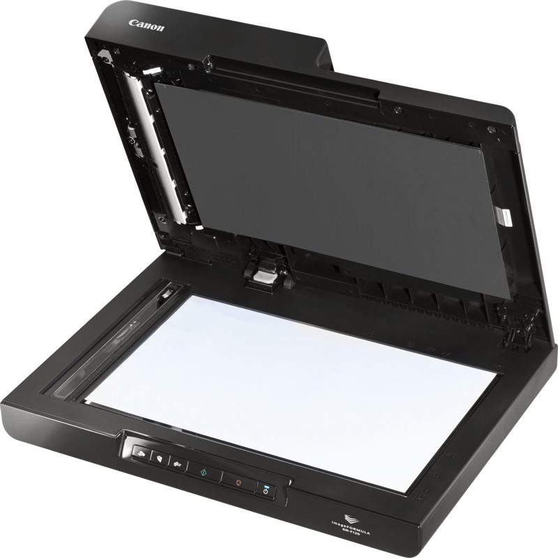 Canon imageFORMULA DR-F120 Flatbed Document Scanner Product Front Left View with Scanner open
