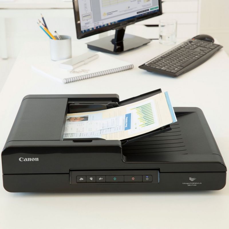 Canon imageFORMULA DR-F120 Flatbed Document Scanner Product Scanner kept besides a computer