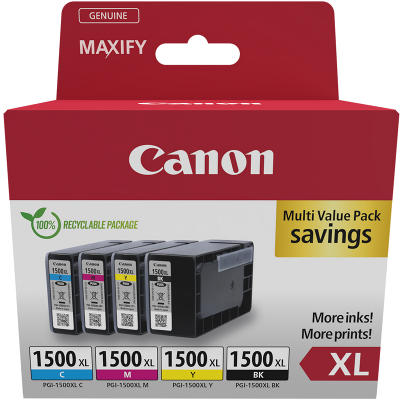 Canon PGI-1500XL High Yield BK/C/M/Y Ink Cartridge Multipack Product Package front view