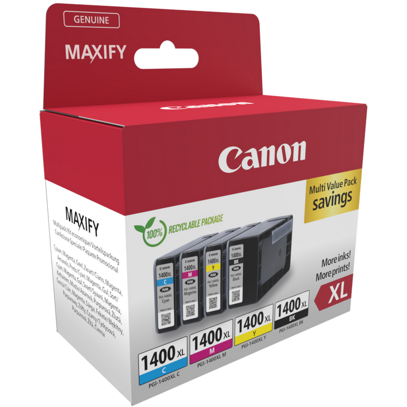 Canon PGI-1400XL High Yield BK/C/M/Y Ink Cartridge Multipack Product Multi-Pack Angled View