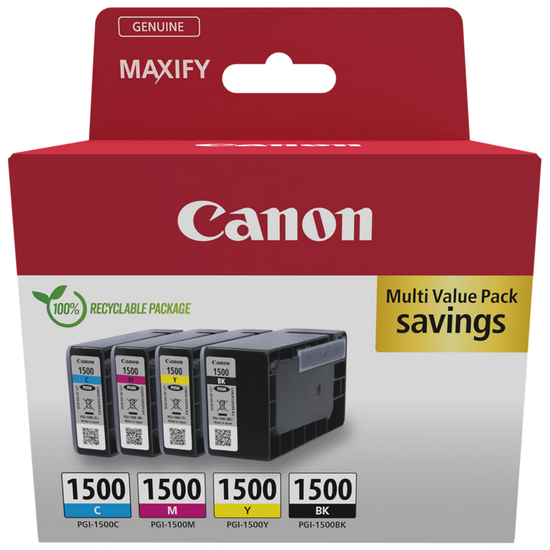 Canon PGI-1500 BK/C/M/Y Ink Cartridge Multi Pack Product Package front view