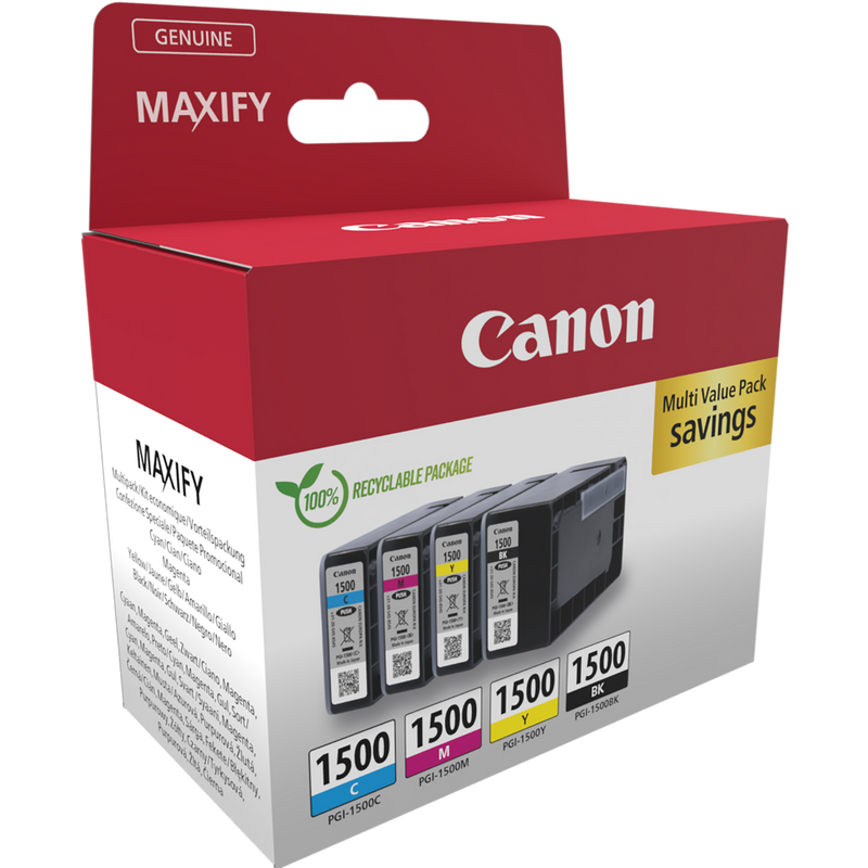 Canon PGI-1500 BK/C/M/Y Ink Cartridge Multi Pack Product Package angled view