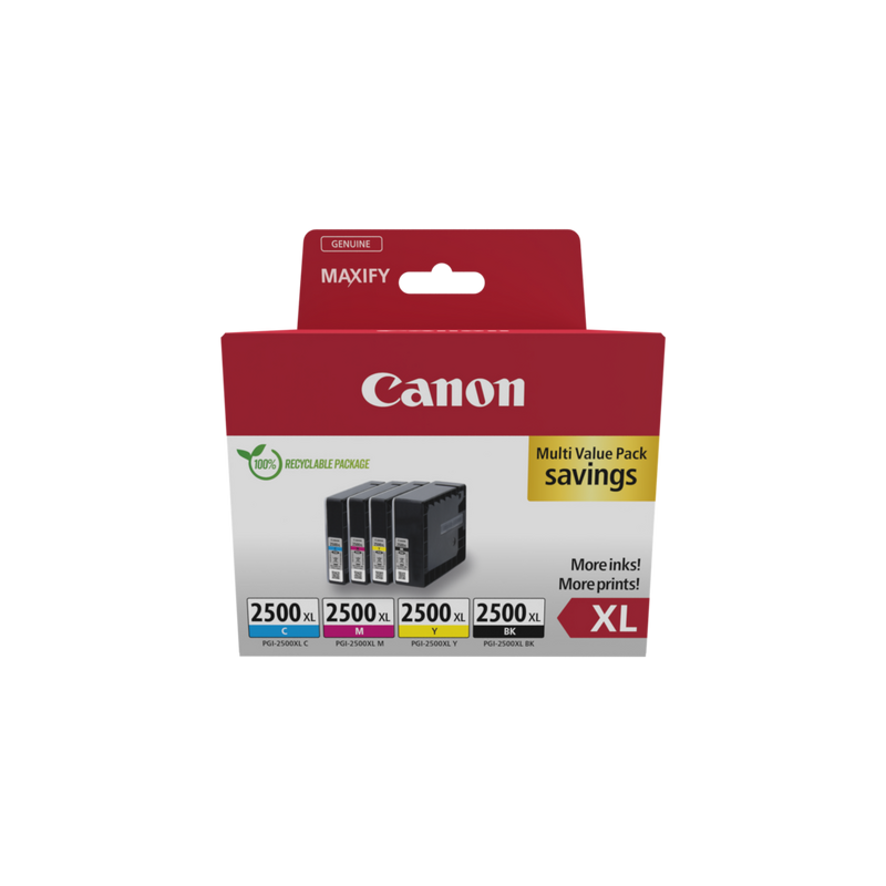 Canon PGI-2500XL High Yield BK/C/M/Y Ink Cartridge Multipack Product Front view