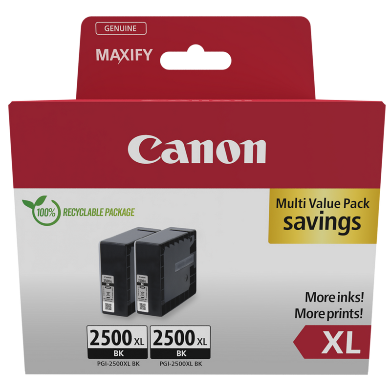 Canon PGI-2500XL High Yield Black Ink Cartridge (Twin Pack) Product Packaging front view