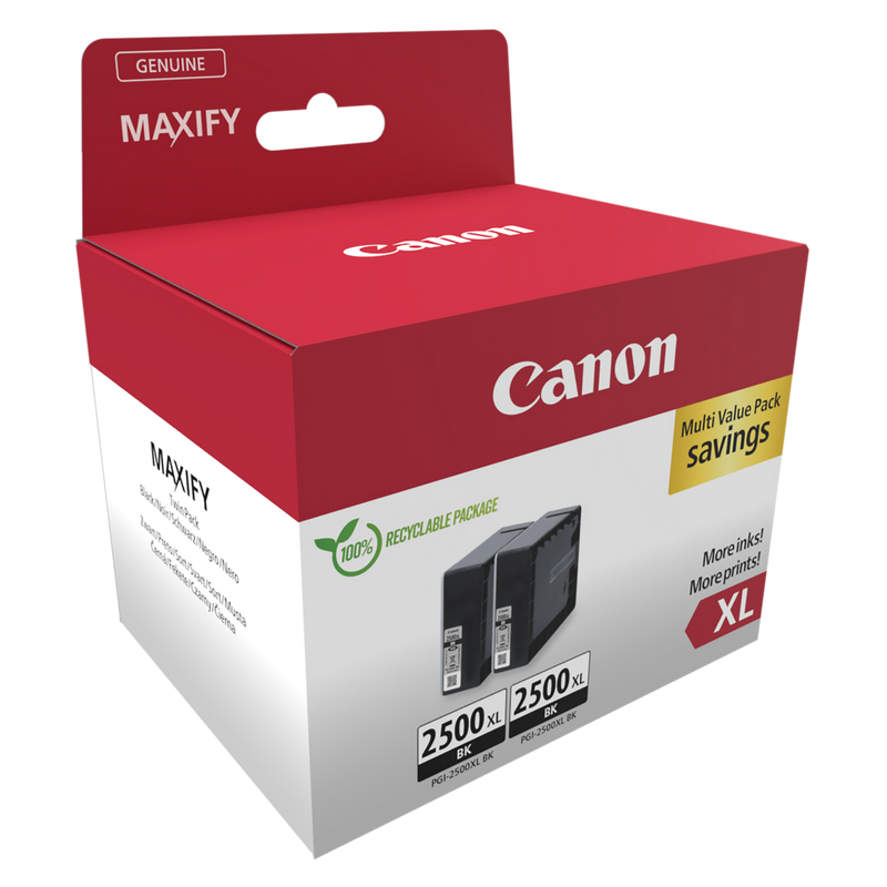Canon PGI-2500XL High Yield Black Ink Cartridge (Twin Pack) Product Packaging front angled view