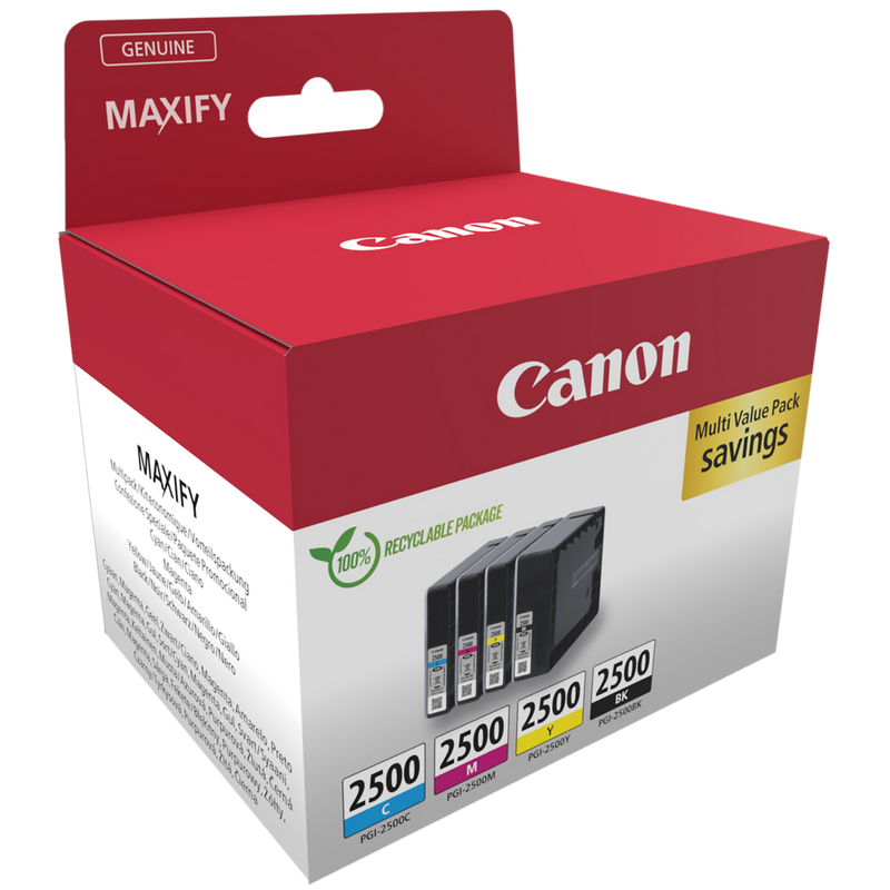 Canon PGI-2500 BK/C/M/Y Ink Cartridge Multi Pack Product Package front angled view