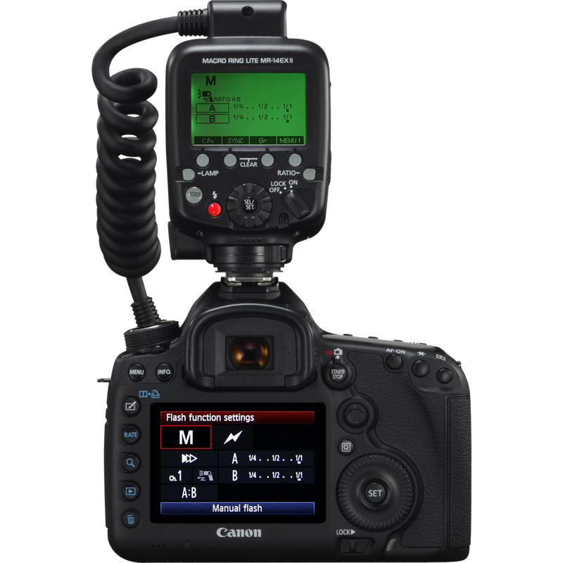 Canon Speedlite MR-14EX II Macro Ring Lite Flash Product attached to a camera back view