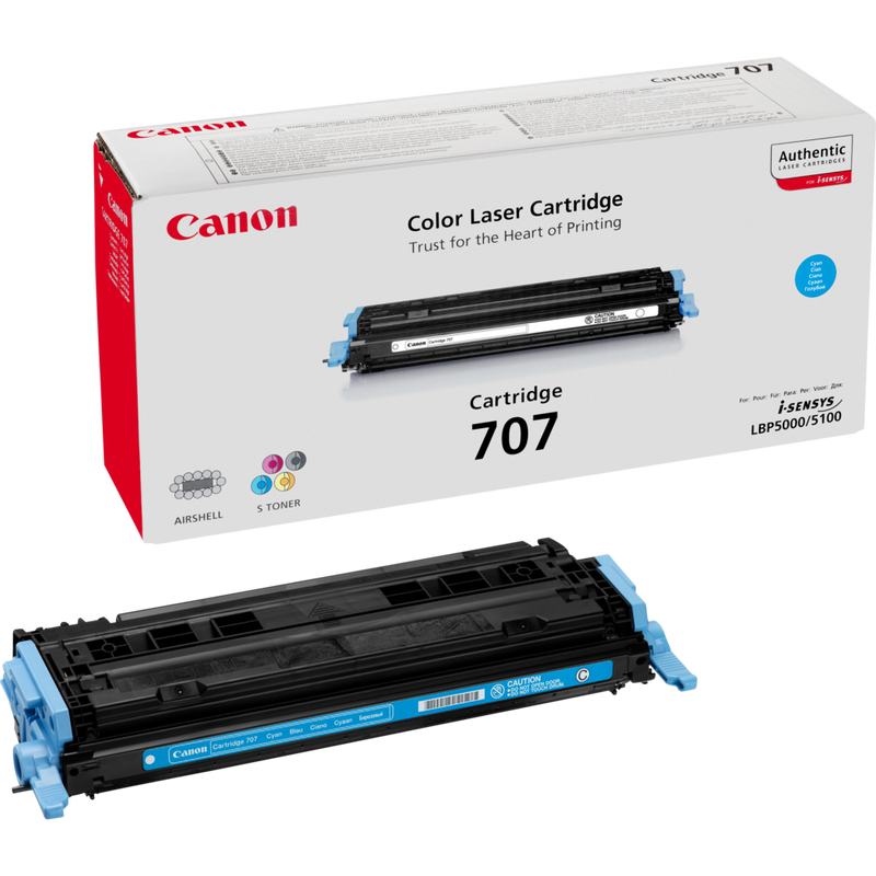 Canon 707C Cyan Toner Cartridge Product Packaging and Cartridge