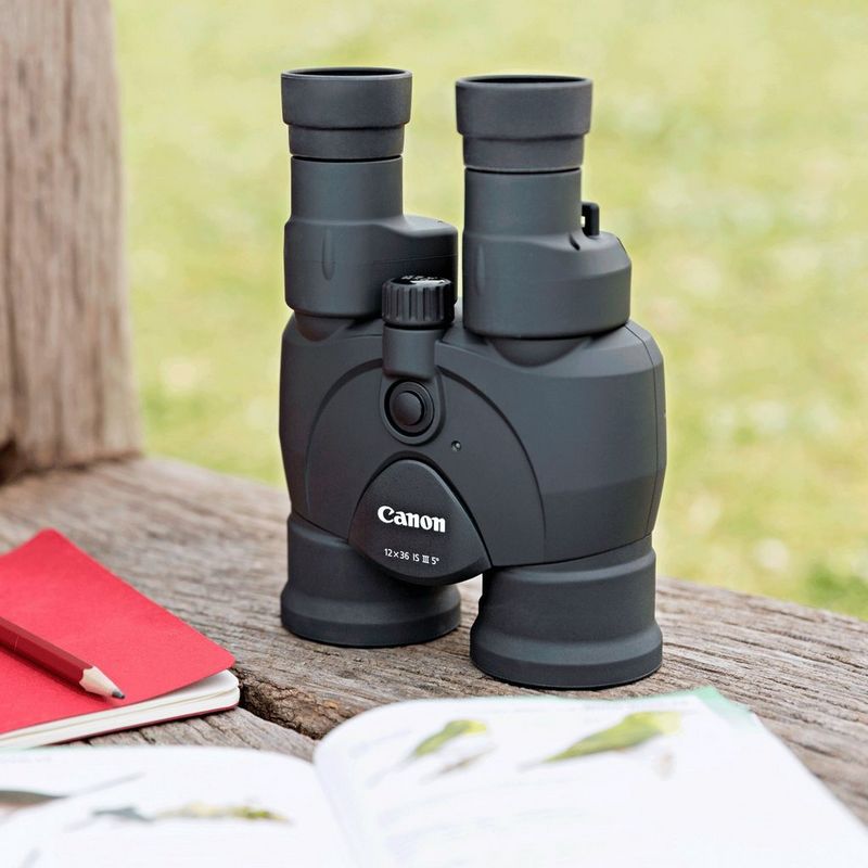 Canon 12x36 IS III Binoculars Binoculars Standing on a Wooden Surface