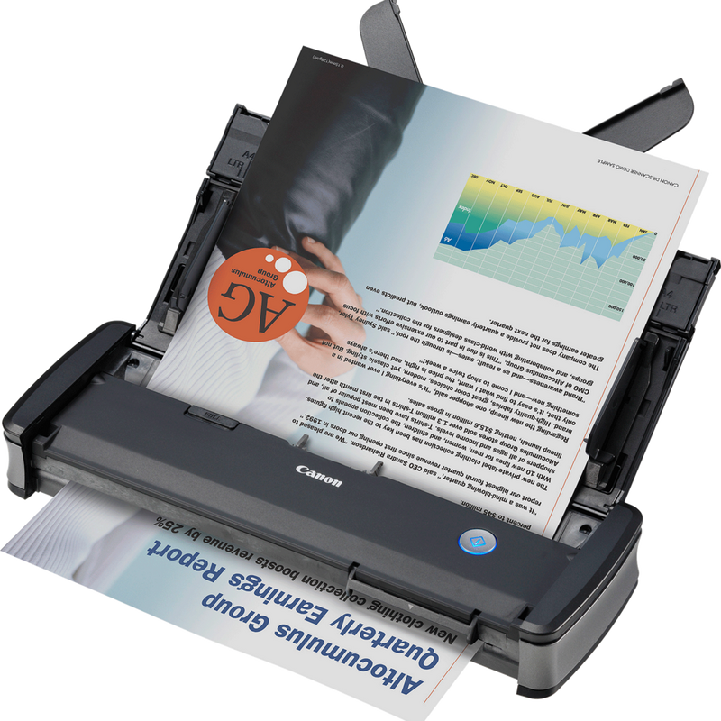 Scanner de documents portable Canon imageFORMULA P-215II Produits Vue de dessus avec du papier