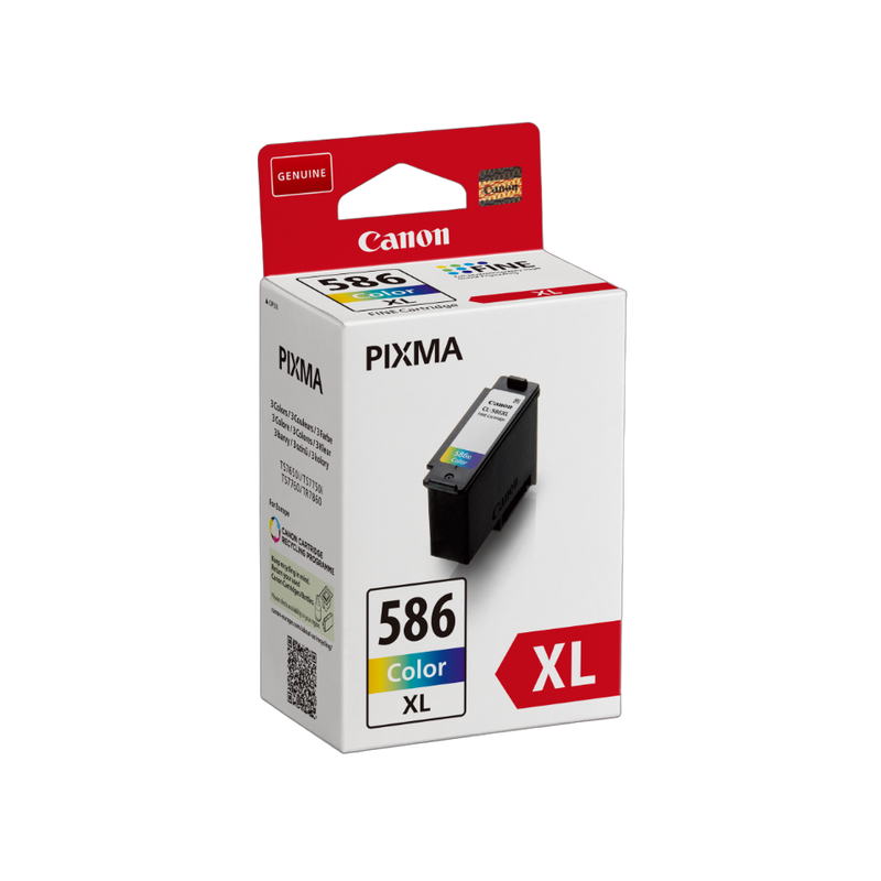 Canon CL-586XL ergiebige Farbtintenpatrone, schräge Vorderansicht der Produktverpackung
