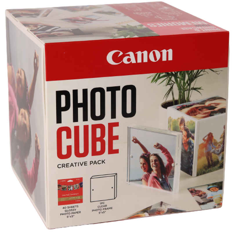 Canon Photo Cube and Frame + PP-201 5x5” Photo Paper Plus Glossy II (40 sheets) - Creative Pack, Pink Product Front view with kit components