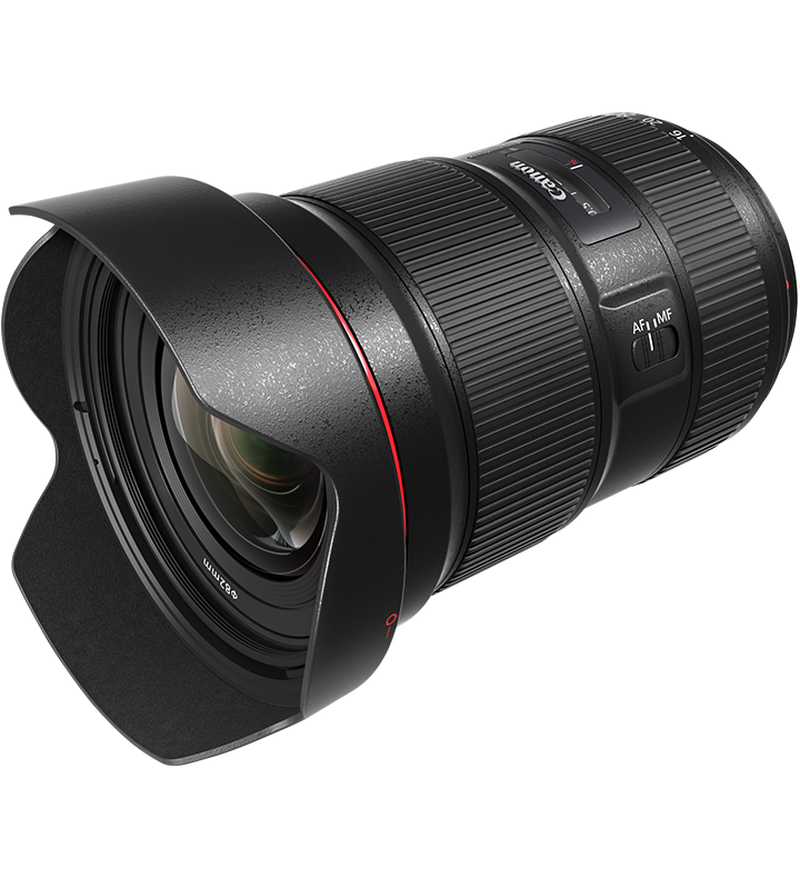 Canon EF 16-35mm f/2.8L III USM Pack shot slanted with lens hood
