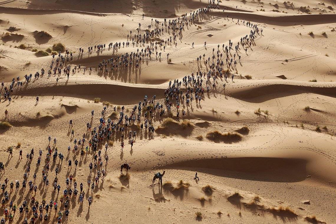 Hundreds of runners cross the Sahara Desert, seen from above.
