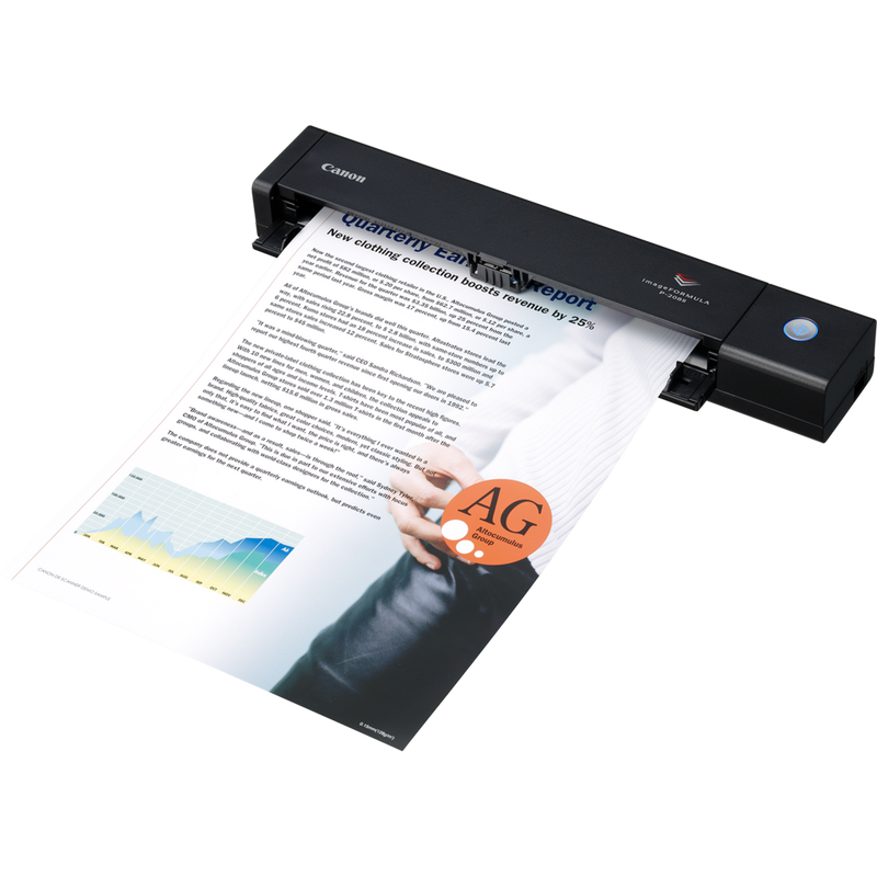 Scanner documenti portatile Canon imageFORMULA P-208II Prodotto Vista frontale sinistra con carta