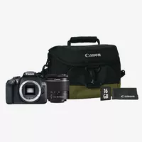 Canon EOS 1300D Black + EF-S 18-55mm III Lens + Shoulder Bag + SD Card Product Front View Of Camera Along With Its Kit Components