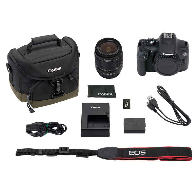 Canon EOS 1300D Black + EF-S 18-55mm III Lens + Shoulder Bag + SD Card Product What's In The Box