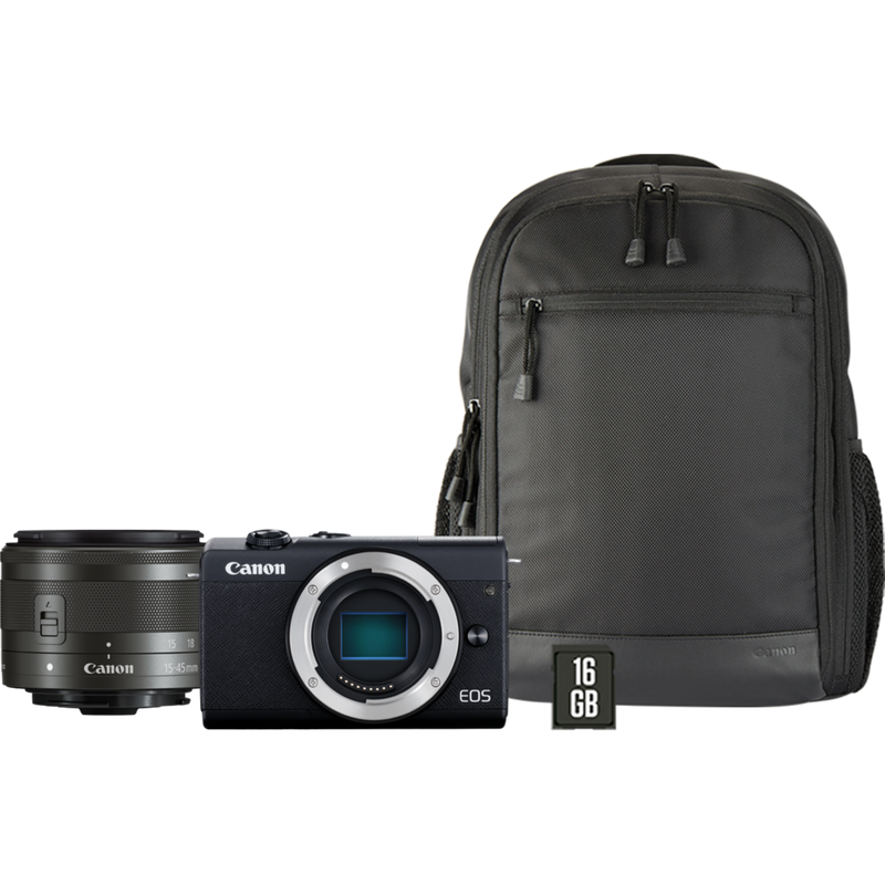 Canon EOS M200 + EF-M 15-45mm Lens + Backpack + SD card