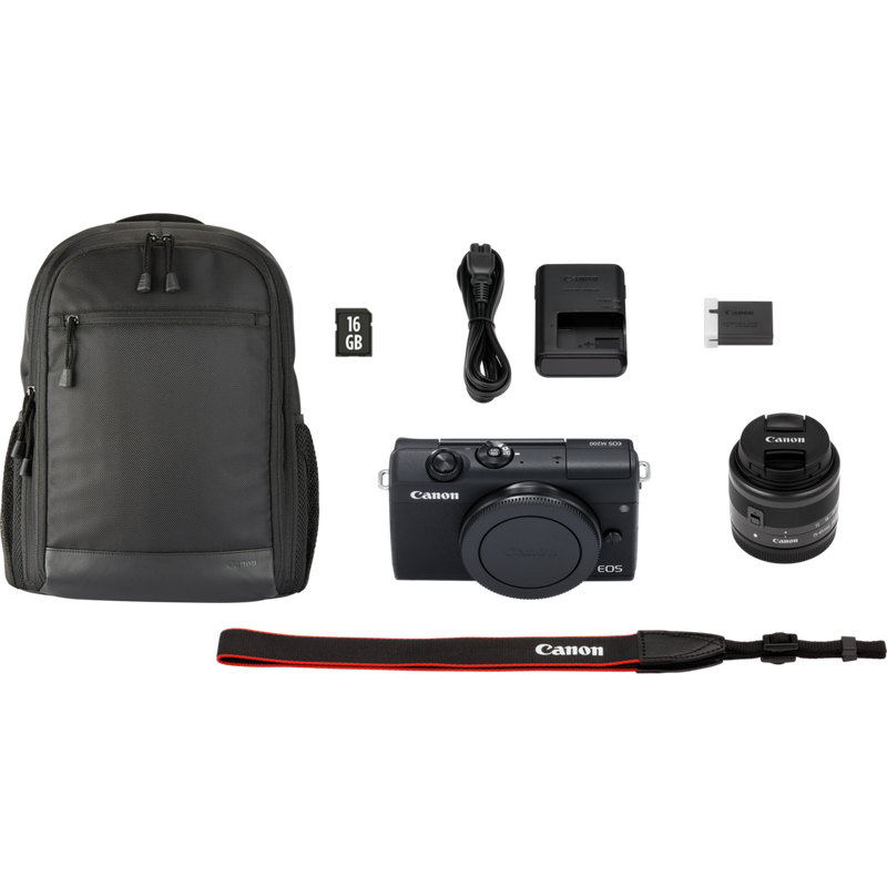 Canon EOS M200 + EF-M 15-45mm Lens + Backpack + SD card Product What's in the Box