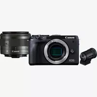 Canon EOS M6 Mark II + EF-M 15-45mm IS STM Objektiv + Elektronischer Sucher Produkt Vorderansicht des Kit-Inhalts