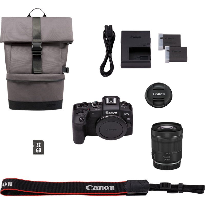 Canon EOS RP Gehäuse + RF 24-105mm IS STM Objektiv + Rucksack + SD-Karte + Ersatzakku Produkt Lieferumfang