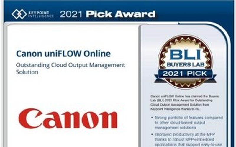 La solution uniFLOW Online de Canon désignée « Meilleure solution cloud 2021 de contrôle et de gestion des flux documentaire » par Keypoint Intelligence