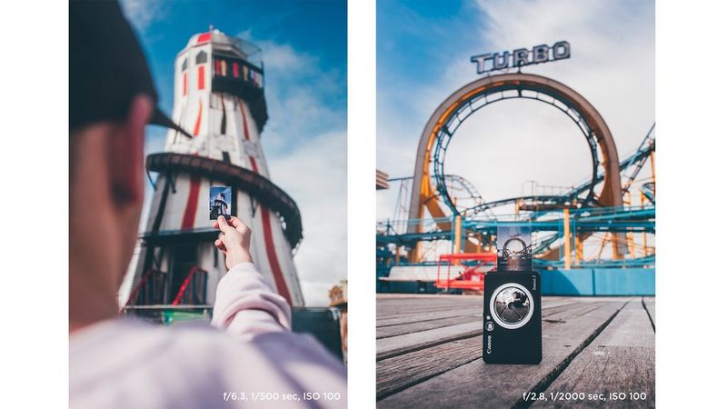Joel Thorpe holding a print in front of a helter skelter (left). A Canon Zoemini on the boardwalk in front of a rollercoaster in Brighton (right).
