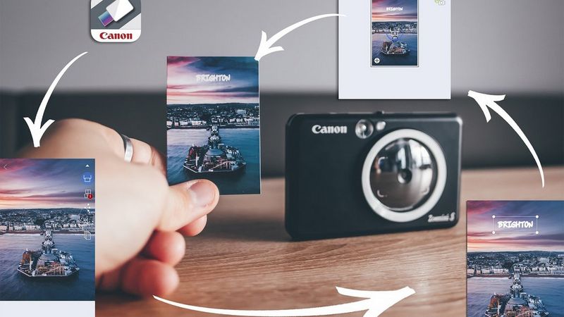 An infographic showing how the Canon Zoemini S can be used with the Canon Mini Print App.