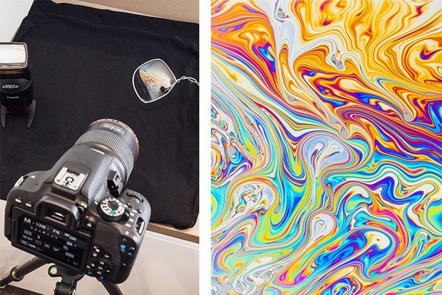 A camera pointed at a metal ring containing liquid soap (left). Swirling kaleidoscopic patterns of soap in water (right). 