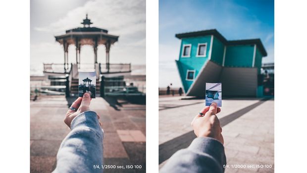 Joel Thorpe holding a print in front of a bandstand on Brighton beach front (left). Joel Thorpe holding a print in front of Brighton's upside-down house (right).