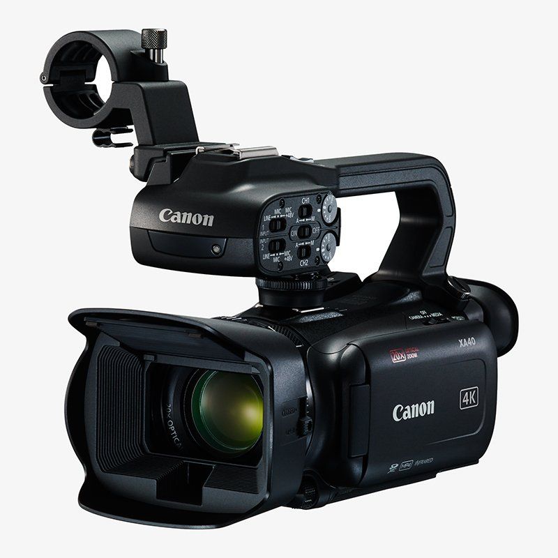 Ultra-compact, professional palm-sized 4K XA-series camcorder with a 20x optical zoom lens.