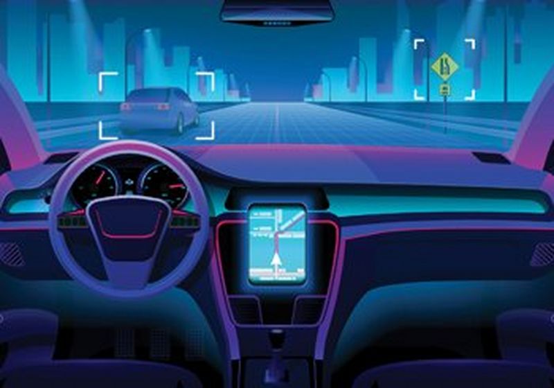 An illustration of the interior of a driverless car, rendered in purples, blues and reds.