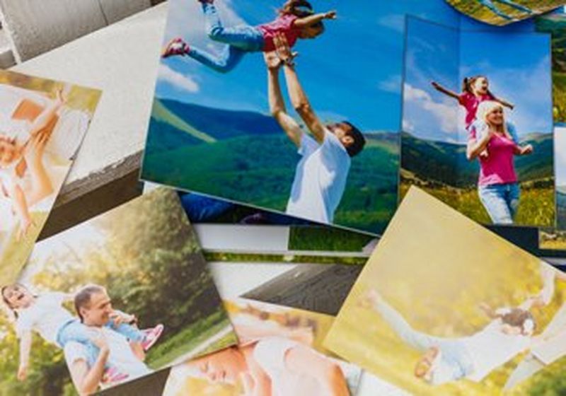 Scattered photos of happy family scenes, taken outdoors in summer.