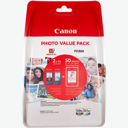 Immagine di Confezione multipla con cartucce di inchiostro Canon nero PG-560XL e a colori CL-561XL + carta fotografica